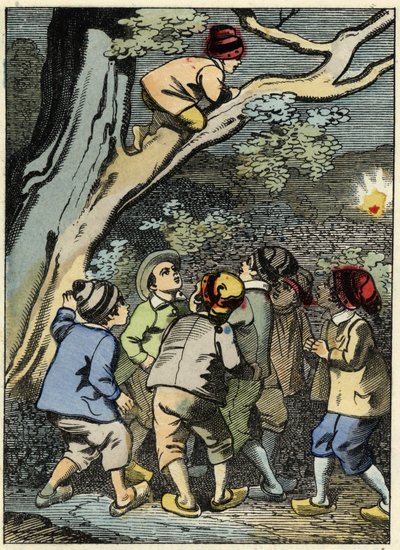 Little Poucet klättrar på ett träd och letar efter sin väg. Han plockar upp ett ljus i skogen. Illustration av Charles Perraults berättelse "" Le Pepetit Poucet" av Unknown artist