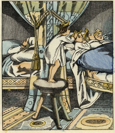 Lilla Poucet sätter kronorna av ogrens sju döttrar på huvudet på sina bröder. Illustration av berättelsen "" Le Petite Poucet"" av Charles Perrault av Unknown artist