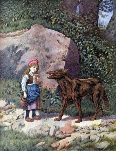 Rödluvan möter vargen i skogen - i "" Les Tales de Perrault"" av Unknown artist