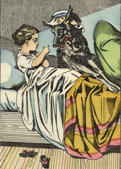 Rödluvan frågar vargen: "Farmor eftersom du har stora tänder." Illustration av berättelsen "Rödluvan" av Charles Perrault av Unknown artist