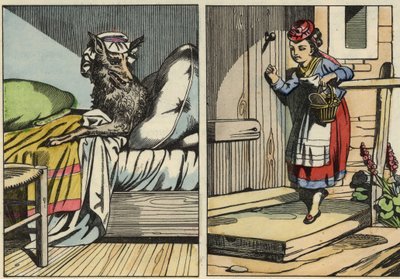 Rödluvan knackar på hans mormors dörr. Illustration av berättelsen "Rödluvan" av Charles Perrault av Unknown artist