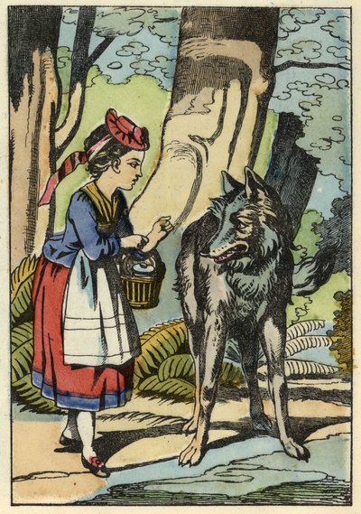 Rödluvan möter vargen i skogen. Illustration av berättelsen "Rödluvan" av Charles Perrault av Unknown artist