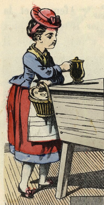 Rödluvan lägger mat åt sin mormor på huchen. Illustration av berättelsen "Rödluvan" av Charles Perrault av Unknown artist
