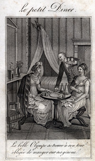 Liten middag. Olympe de Gouges (1748-1793), fransk kvinna av bokstäver och revolutionär med Celine en av hennes vänner. av Unknown artist