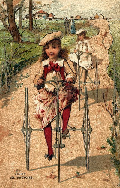 Små flickor som kör trehjulingar. Kromolitografi runt 1890. av Unknown artist