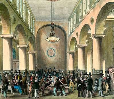 London Stock Exchange: Börs i London på 1800-talet. Gravyr. Privat samling. av Unknown artist