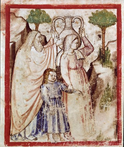 Loth går till berget med sina döttrar för att undkomma Sodoms förstörelse. Döttrarna kommer att berusa sin far Miniature från codex 212 (eller padovano codice eller Bible of Padua) 1390-1400 Rovigo, Accademia dei Concordi av Unknown artist
