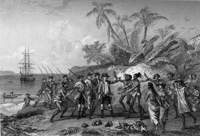 Louis Antoine Comte de Bougainville, fransk navigatör (1729-1811), närmar sig markisernas öar på Tahiti, 6 april av Unknown artist