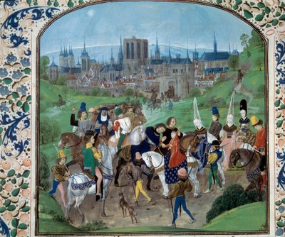 Ludvig II av Anjou och Yolande av Aragon hälsar den som ska bli deras svärson, då Karl VII. I bakgrunden; staden Paris. Miniatyr i "" Chronicles"" av Jean Froissart (Folio 321v) av Unknown artist