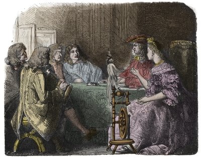 Ludvig XIV gör affärer med sina ministrar i Madame de Maintenons lägenheter (gravyr) av Unknown artist
