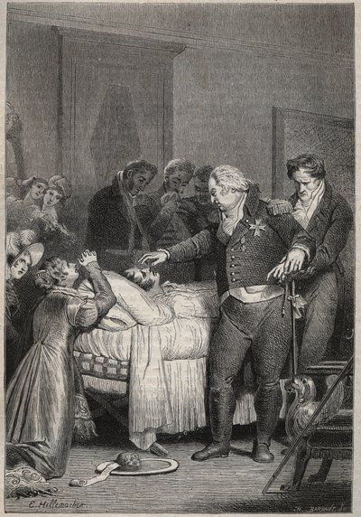 Ludvig XVIII vid hertigen av Berrys dödsbädd - De sista ögonblicken av hertigen av Berry den 13 februari 1820 (1778 - 1820) på Parisoperan omgiven av Ludvig XVIII och kungafamiljen - gravyr i "Histoire de France berätta för min barnbarn” av Unknown artist