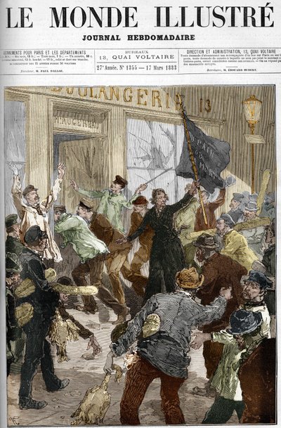 Louise Michel (1833-1905), en fransk revolutionär, viftade med en svart flagga inskriven "bröd eller död", under plundringen av ett bageri under arbetardemonstrationen den 9 mars 1883 i Paris. av Unknown artist