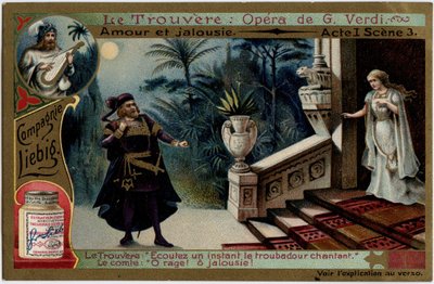 Love and Jealousy Act I Scen 3. Illustration till operan "" Fyndet"" (Il trovatore) av Giuseppe Verdi (1813-1901). Kromolitografi (Chromo) Liebig från slutet av 1800-talet. av Unknown artist