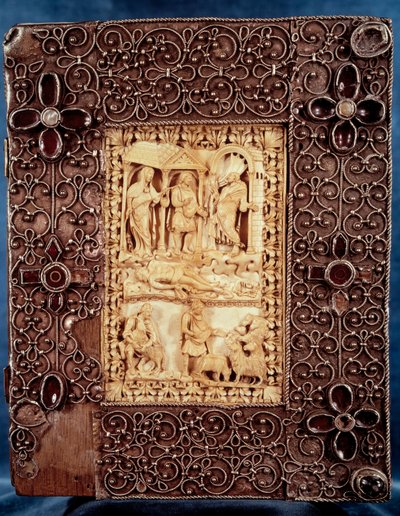 Nedre skålen i Psaltaren av Karl den skallige (Karl II) (823-877): elfenbensminiatyr föreställande Natan kom för att döda barnet, en av det äktenskapliga förhållandet mellan kungen av Israel David och Betsabee. 850-875. Paris, B.N. av Unknown artist