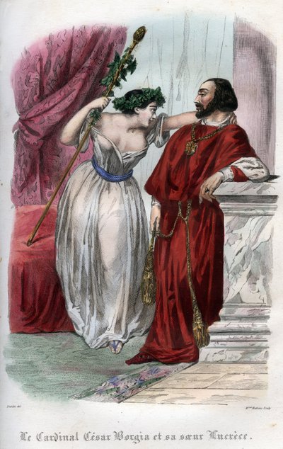 Lucrece Borgia (1480-1519) med sin bror Cesar Borgia. (Lucrezia och Cesare Borgia). Gravyr från 1842 i "Histoire des popes: brott, mord, förgiftningar, parricider, äktenskapsbrott, incest... av Maurice Lachatre. Privat samling. av Unknown artist