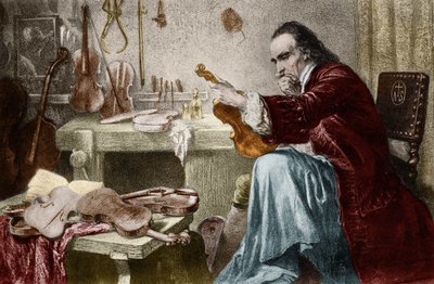 Luthier Stradivarius (Antonio Stradivari) (1644-1737) i sin verkstad. Gravyr av Hammann.Violinformgivare Antonio Stradivari (Stradivarius) på jobbet. av Unknown artist