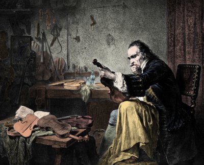 Luthier Stradivarius (Antonio Stradivari) (1644-1737) i sin verkstad. Gravyr av Hammann.Violinformgivare Antonio Stradivari (Stradivarius) på jobbet. av Unknown artist