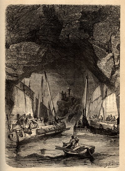 MORGATS GROTTOR - Marine Caves of Morgat - Finistere - Bretagne - gravyr i "" PATRIE" - BESKRIVNING PECTURESSE DE LA FRANCE EN 6 VOLYER AV LUCIEN HUARD - slutet av 1800-talet av Unknown artist