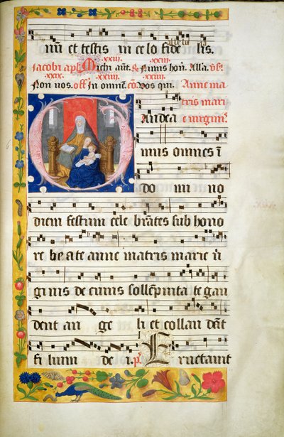 MS.McC.57. f.48r St Anne tronande, läsande, Jungfru Maria med barnet sittande framför sig, initial från en antifon, sent 1400-tal av Unknown artist