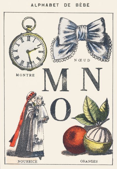 M N O: klocka, knut, sköterska, apelsiner av Unknown artist