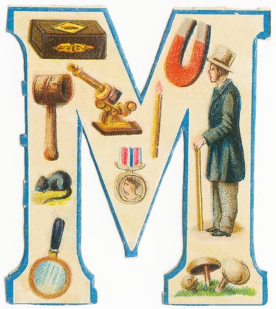 M: tändstickor, magnet, klubba, mikroskop, mus, medalj, man, förstoringsglas, svamp (färg litho) av Unknown artist