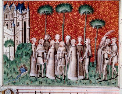 Machaut hittar sin dam. Miniatyr från ett partitur i "Remede de Fortune"" (Folio 51) av Guillaume de Machaut (v. 1300-1377), cirka 1350-1355. av Unknown artist