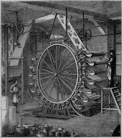 Maskintryckta tapeter i tjugo färger. Gravyr i ""Industriens underverk, eller beskrivning av de viktigaste moderna industrierna"" av Louis Figuier av Unknown artist