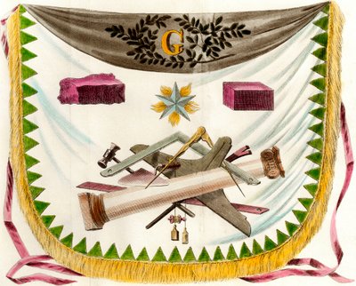 Macon franc förkläde som visar ett förkläde som dekorerar symboler för det fria solen. Gravyr av 1800-talets Privatsamling av Unknown artist