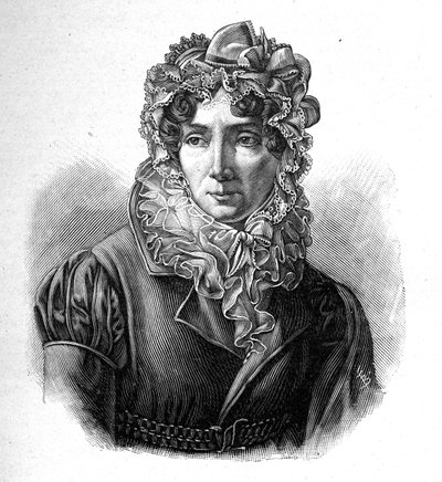 Madame de Genlis - Porträtt av Stéphanie gratulerar vapen av Saint Aubin (Saint-Aubin) (1746-1830), grevinnan av Genlis, fransk kvinna av bokstäver. av Unknown artist