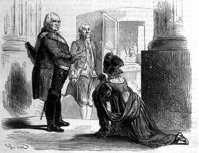 Madame grevinnan av Labedoyere på knä av Ludvig XVIII, kung av Frankrike. av Unknown artist