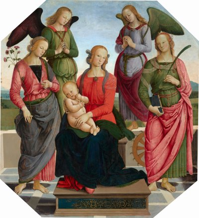Madonna med barn och två änglar, Sankta Rosen och Sankta Katarina av Alexandria, slutet av 1480-talet - början av 1490-talet (olja på pannå) av Unknown Artist