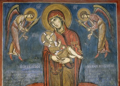 Madonna med barn mellan ärkeänglar, fresk (1192), Panagia Tou Araka-kyrkan (Church of Our Lady of Pea) (Unescos världsarvslista, 2001), Lagoudera, Troodosbergen, Cypern av Unknown artist