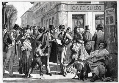 Madrid 1873. Vandrare i hörnet av Sevillagatan och Alcalagatan. Gravyr från 1873. av Unknown artist