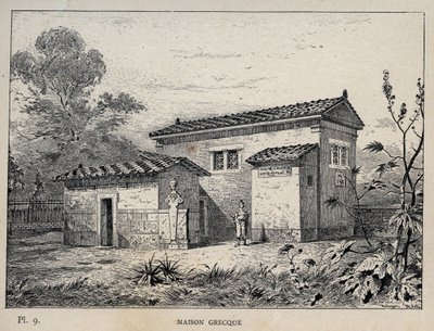 Maison Grecque (grekiskt hus) - gravyr från 1889 i "History of human habitation at the Universal Exhibition of 1889, by Mr Charles GARNIER - Librairie centrale des beaux-arts Paris 1889 av Unknown artist
