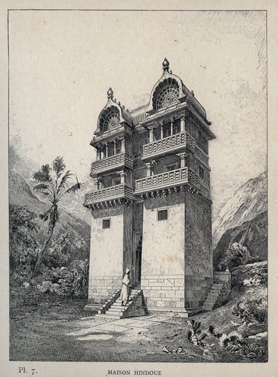 Maison Hindu (hinduiskt hus) - gravyr från 1889 i "History of human habitation at the Universal Exhibition of 1889, by Mr Charles GARNIER - Librairie centrale des beaux-arts Paris 1889 av Unknown artist