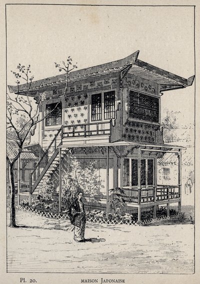 Japanskt hus (japanskt hus) - gravyr från 1889 i "History of human habitation at the Universal Exhibition of 1889, by Mr Charles GARNIER - Librairie centrale des beaux-arts Paris 1889 av Unknown artist