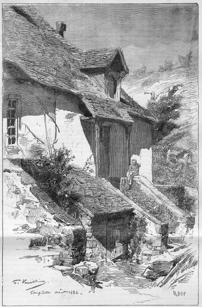 House of George Sand (Aurore Dupin, Baronne Dudevant) (1804-1876), fransk författare, i Gargilesse (Indre) vid floden Creuse i Frankrike. Gravyr i ""The Illustrious World"" av Unknown artist