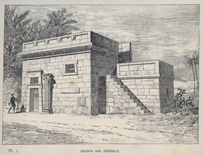 Maison des Hébreux - (hebreiskt hem) gravyr från 1889 i "History of human habitation at the Universal Exhibition of 1889, by Mr Charles GARNIER - Librairie centrale des beaux-arts Paris 1889 av Unknown artist