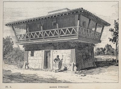 Maison etrusque (etruskiskt hus) - gravyr från 1889 i "History of human habitation at the Universal Exhibition of 1889, by Mr Charles GARNIER - Librairie centrale des beaux-arts Paris 1889 av Unknown artist