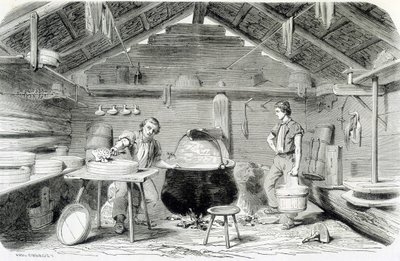 Att göra Gruyère-ost i en schweizisk chalet, eller ostfabrik i Alperna - i "" Industrins underverk"" av Louis Figuier av Unknown artist