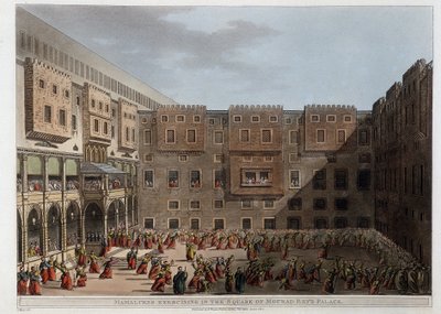 Mamluker övar på innergården till Palace Mourad Bey - i "Utsikter i Egypten, Palestina och andra delar av det osmanska riket"" av Unknown artist
