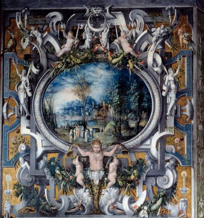 Mantel av skorstenen av hyllningen till Jules Cesar i rummet av romerska hjältar Anonym målning. Omkring 1547. Lyssna, Nationalrenässansmuseet av Unknown artist