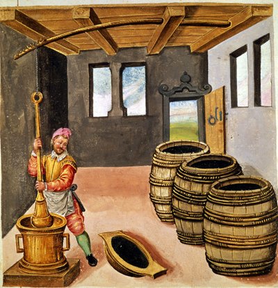 Tillverkning av svartkrut - i "Handbok för pyroteknik, vapenhus och befästningar" "på 1500-talet. av Unknown artist