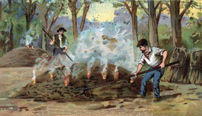 Tillverkning av träkol, förbränningsugn. Kromolitografi från slutet av 1800-talet av Unknown artist