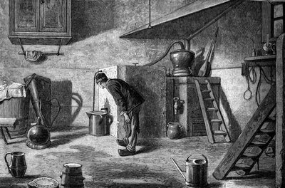 Tillverkning av kirsch: destillation, slottet Isenberg i Alsace. Gravyr i "" Le Journal de la jeunesse"" av Unknown artist