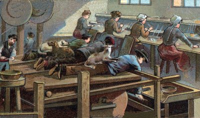Tillverkning av knivar, formverkstad. Kromolitografi från slutet av 1800-talet av Unknown artist