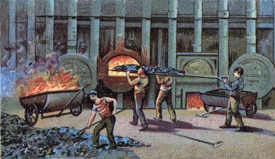 Tillverkning av belysningsgas, cornu delutor. Kromolitografi från slutet av 1800-talet av Unknown artist