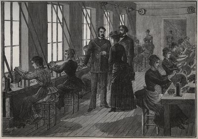 Tillverkning av metallfjädrar: slipverkstad i Frankrike på 1800-talet. Gravyr från 1885 i "" Les arts et metiers illustres"" av Adolphe BITARD. av Unknown artist