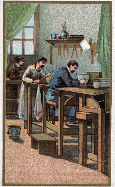 Tillverkning av porslin: svarvning. Kromolitografi från slutet av 1800-talet av Unknown artist