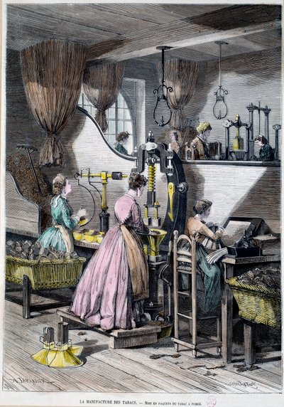 Tillverkning av tobak, förpackning av tobak för rökning. Litografi av Paris 1867, Musee Carnavalet av Unknown artist